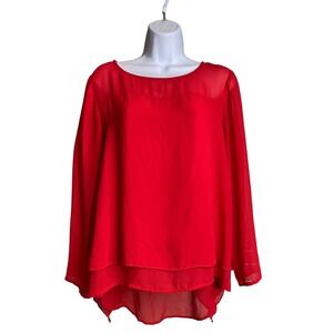 ADIVA Red Chiffon Oversized Layered Hem Long Sleeve Top Sz L Boho-Chic Flowy